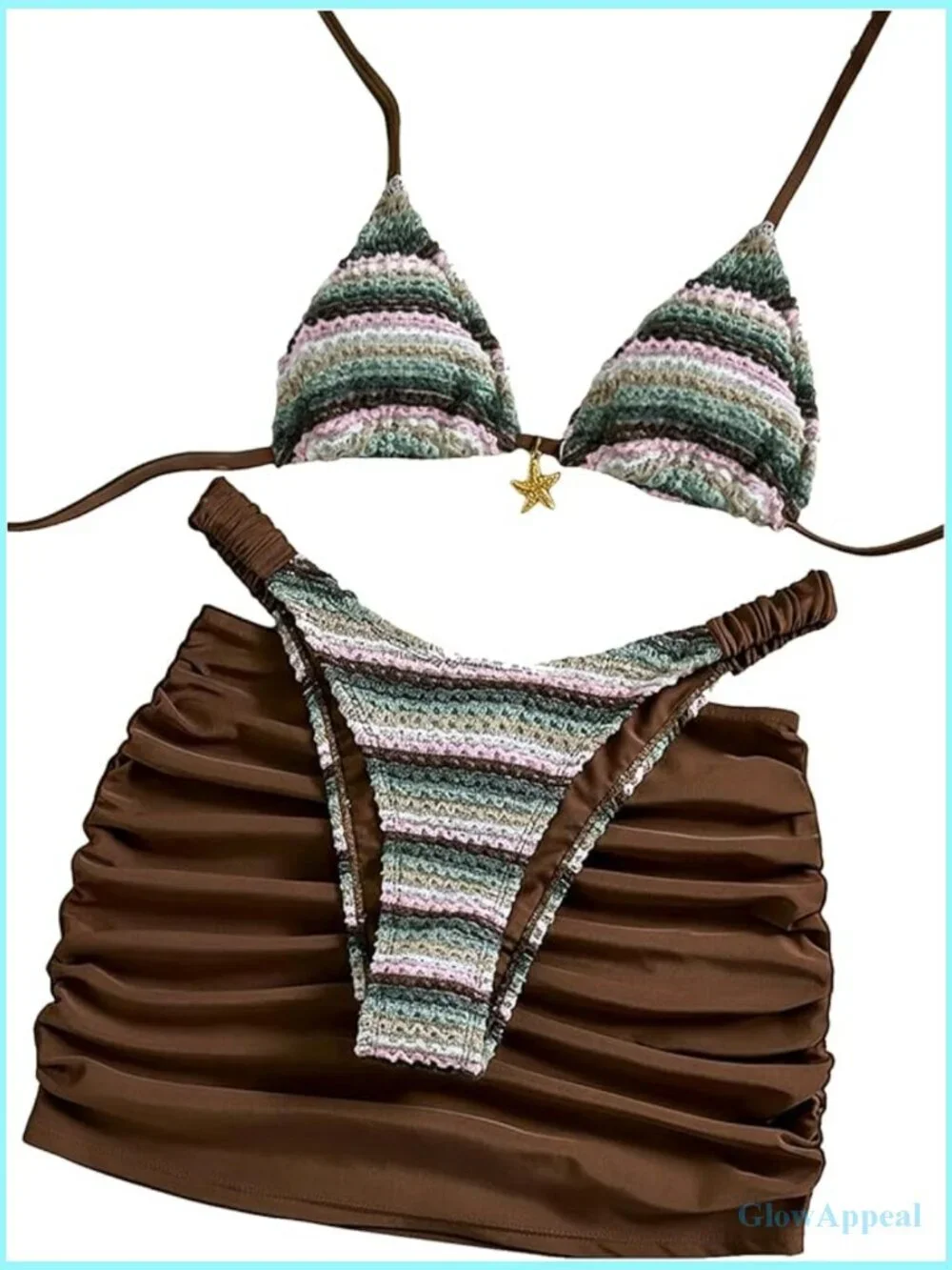 3 Piece Knit Striped Triangle High Cut Bikini Set with Cover Up Skirt